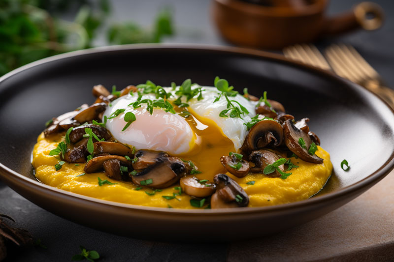 Polenta aux champignons sautés et à l'œuf poché