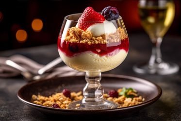 pannacotta con frutos rojos y helado de maracuyá